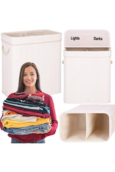 SERSIMO Cos de rufe din bambus cu capac, 2 compartimente, sac detasabil, volum 100L, 54x35x60cm, alb