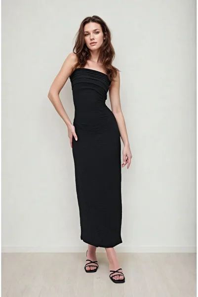 OLSAMODA Women's Strapless Collar Long Dress with Drapelled Textured Flexible Fabric on the Sides