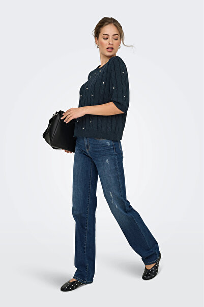 ONLY Pulover tricotat cu mânecă scurtă pentru femei Onlussi, decorat cu perle și piatră 15352067 bleumarin