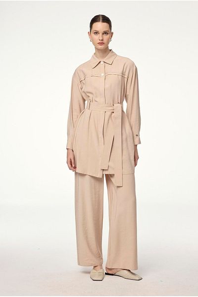 Zühre Shirt Collar Belted Beige Double Suit Tk-1649