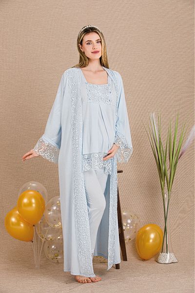 Lady Lingerie Maternity-Pregnant Pajama Set with Morning Dress, Lace, 3-Piece Set