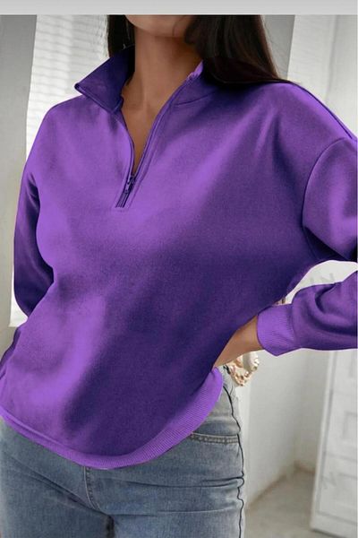 NO 601 Women's Purple Half Zipper Stand Collar Patternless Sweatshirt