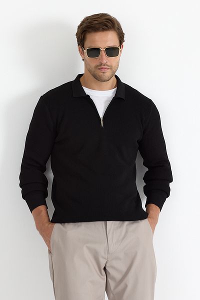 GEİO Men's Regular Fit Selani̇k Knit Collar Zipper Knitwear Sweater