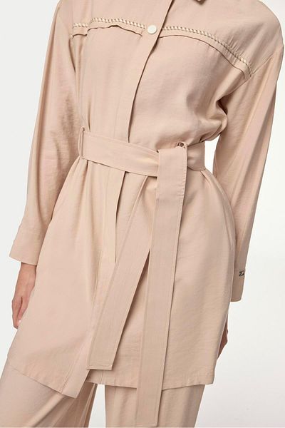 Zühre Shirt Collar Belted Beige Double Suit Tk-1649