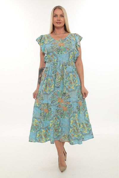 etselements Flounce Sleeve V Neck Belted Patterned Long Viscose Dress 5284