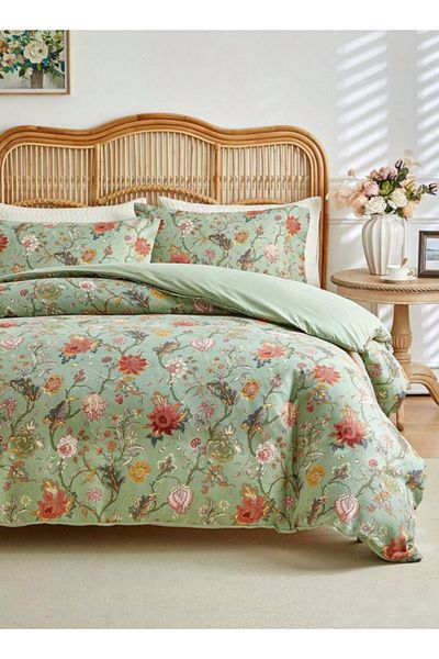 LUNA HOME Queen-Size 6 Piece Flower Pattern Duvet Cover in Khaki, featuring a vibrant red floral bedding set.