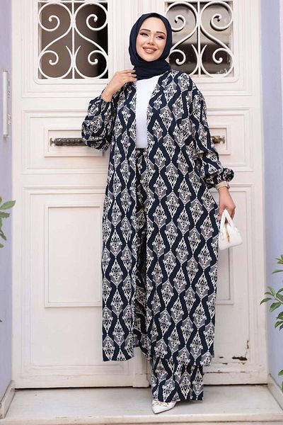 N.S NEVA STYLE Patterned Navy Blue Hijab Double Kimono Set 12888L