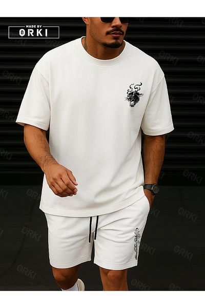 EFFRENATU Orki Tigerblade – Tiger & Sword Printed Oversize Men's White T-Shirt and White Shorts Set