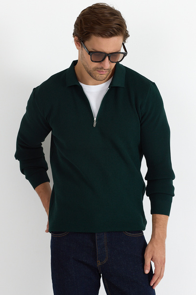 GEIO Чоловічий трикотажний светр з коміром та застібкою-блискавкою, регулярного крою, в'язаний у стилі Селонік