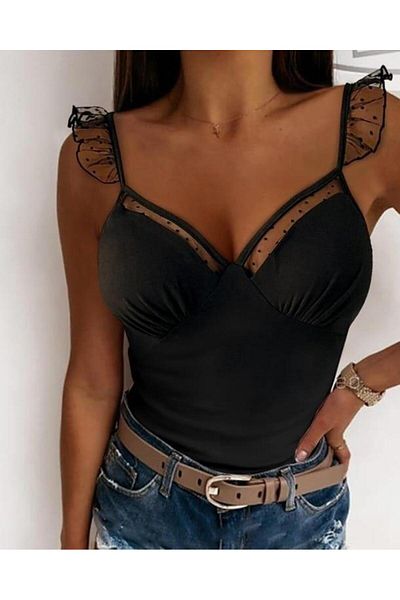 modamtn Women's Straps Tulle Embroidered Heart Neckline Tulle Detail Diver Blouse