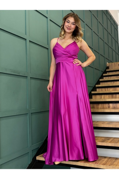 AYHAN Satin Long Evening Dress with Slit and Thin Straps