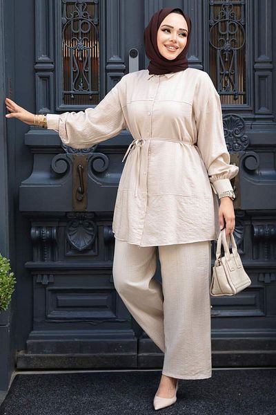 N.S NEVA STYLE Buttoned Beige Hijab Double Set 60341Bej