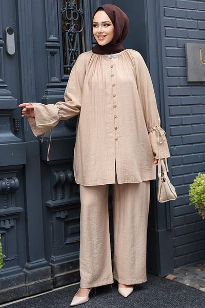 N.S NEVA STYLE Buttoned Mink Hijab Double Set 30451V