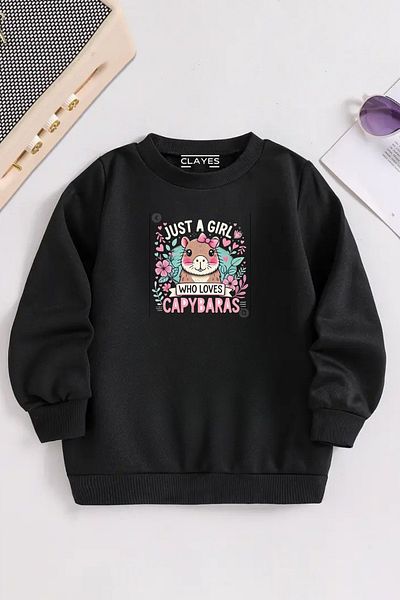 VBSVİBES Children's Black Crew Neck Capibara Printed, Winter Thick Raised Fabric