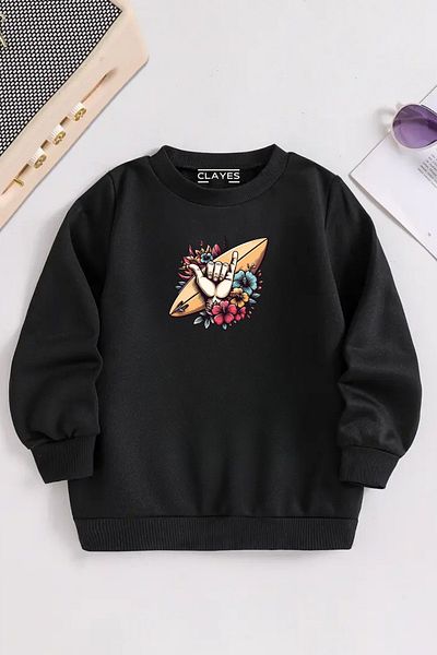 VBSVİBES Children's Black Crew Neck Surf Printed, Winter Thick Raster Fabric