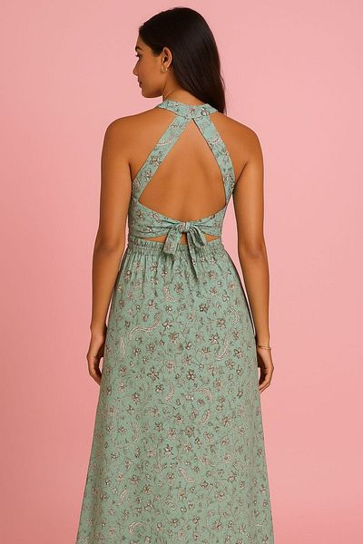 EGELİMODA Floral Print Backless Slit Long Viscose Dress