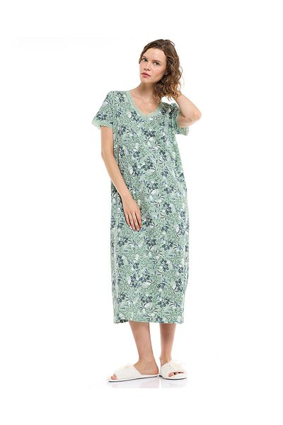 R&B Printed Nightdress With V-Neck and Short Sleeves