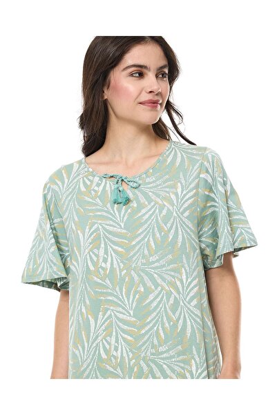 R&B Printed Nightdress with Tie-Neck and Short Sleeves