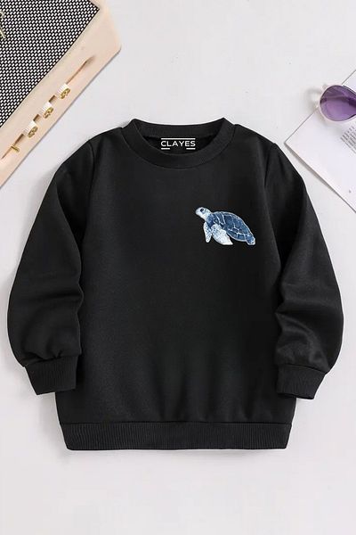 VBSVİBES Children's Black Crew Neck Turtle Minimal Printed, Winter Thick Raised Fabric