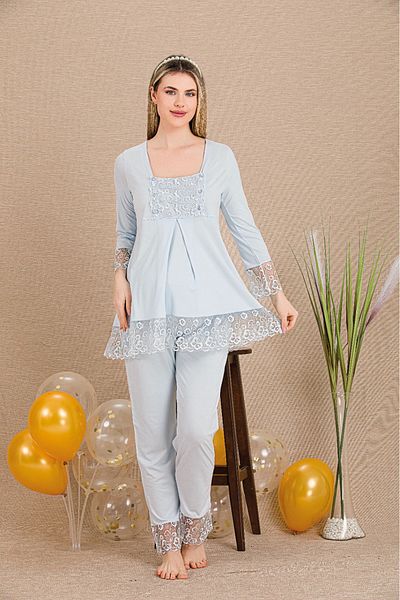 Lady Lingerie Maternity-Pregnant Pajama Set with Morning Dress, Lace, 3-Piece Set