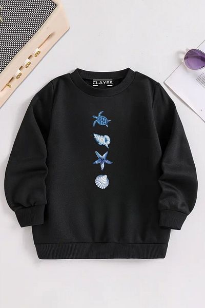 VBSVİBES Children's Black Crew Neck Vertical Marine Creatures Printed, Winter Thick Raster Fabric