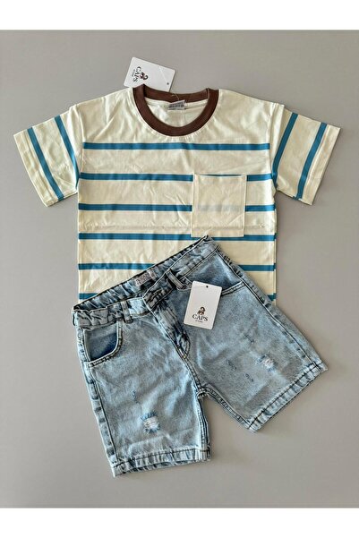 aybabykids Tricou cu detaliu de buzunar în dungi Blugi din denim cu detaliu r...