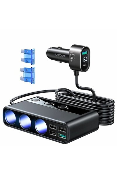 Joyroom Încărcător auto JR-CL06, 5 porturi USB și 1 port USB-C, afișaj LED, 154W, încărcare rapidă 3.0, cablu C de 1m