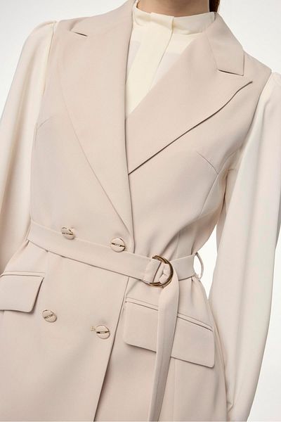 Zühre Double Breasted Collar Belted Beige Triple Combination Suit Tk-0911