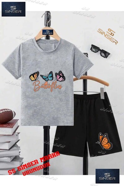 SS SİNSER Children's Unisex “Kelebek 3Lu Yazi Ustnde“ Special Printed Crew Ne...