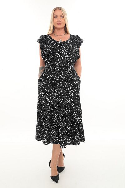 etselements Flounce Sleeve V Neck Belted Patterned Long Viscose Dress 5284