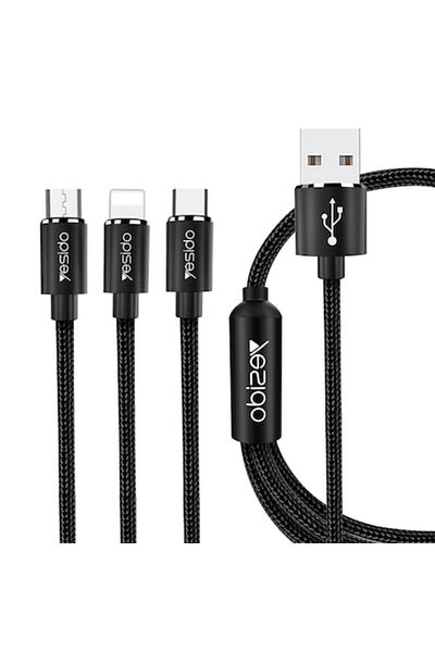 Yesido Charging and Data Transfer Cable 3in1 USB Compatible Lightning, Nylon, Type-C, Micro USB, 60W Power,