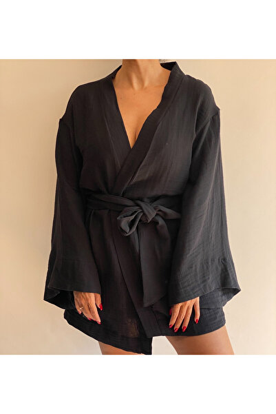 MODA GiMore Black Side Müslin Yarasa Kol Kısa Siyah Kimono