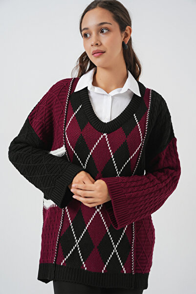 Bigdart Дамски пуловер с V-образно деколте и шарка 15933 - Бордо