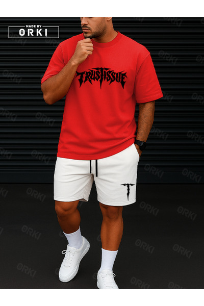 EFFRENATU Orki Trust Issue – Oversize Men's Streetwear Red T-Shirt & White Shorts Set