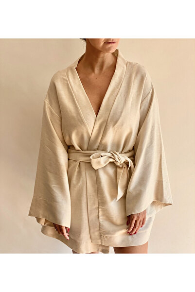GiMore Bright Side Bej Keten Yarasa Kol Kısa Kimono