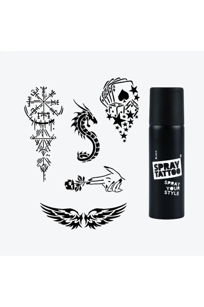 ONE SPRAY TATTOO Old School Dövme Şablon Seti 3 + Siyah Sprey Kına Kalıbı -Tattoo Stencil Geçici Vücut Dövmesi Kalıbı