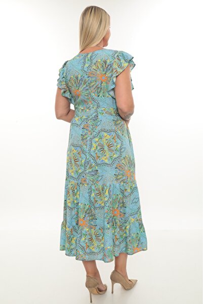 etselements Flounce Sleeve V Neck Belted Patterned Long Viscose Dress 5284