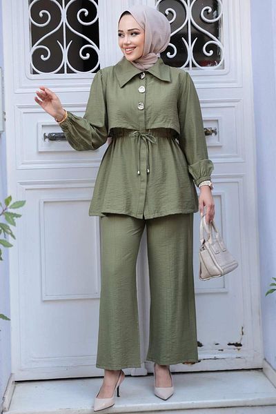 N.S NEVA STYLE Button Detailed Khaki Hijab Double Set 40391Hk