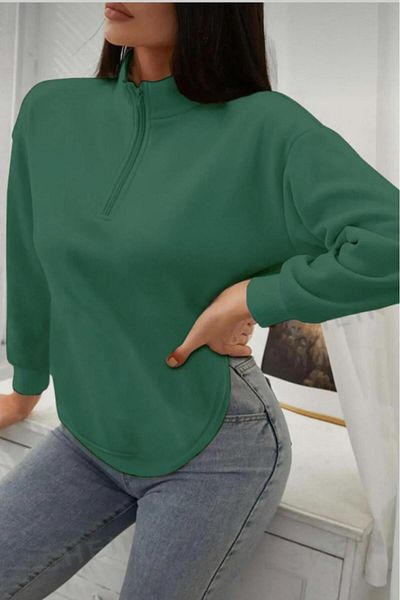 NO 601 Women's Green Half Zipper Stand Collar Patternless Sweatshirt