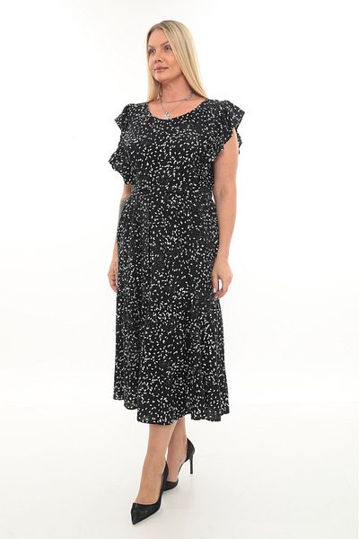 etselements Flounce Sleeve V Neck Belted Patterned Long Viscose Dress 5284
