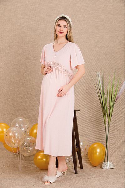 Lady Lingerie Short Sleeve, Button Collar Maternity-Nursing Nightgown