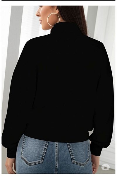 NO 601 Women's Black Half Zipper Stand Collar Patternless Sweatshirt