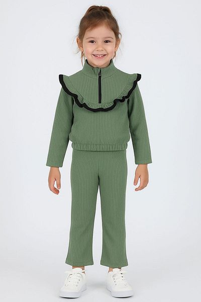 EGELİMODA Ruffled Seasonal Green Corded Girl's Set