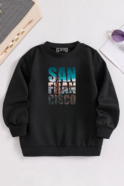 VBSVİBES Children's Black Crew Neck San Francisco Printed, Winter Thick Raised Fabric
