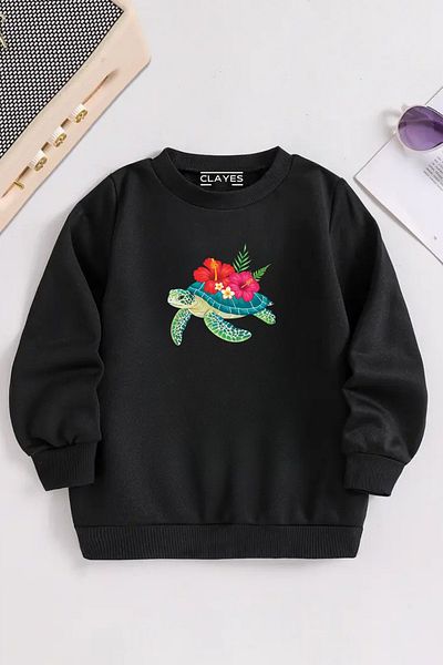 VBSVİBES Children's Black Crew Neck Turtleflower Printed, Winter Thick Raised Fabric
