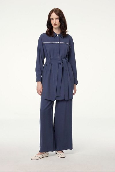 Zühre Shirt Collar Belted Indigo Double Suit Tk-1649