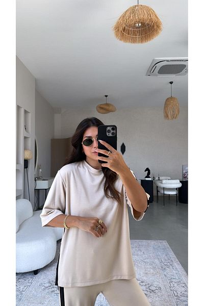 Buket Teke Beige Double Stripe Slit Modal Suit