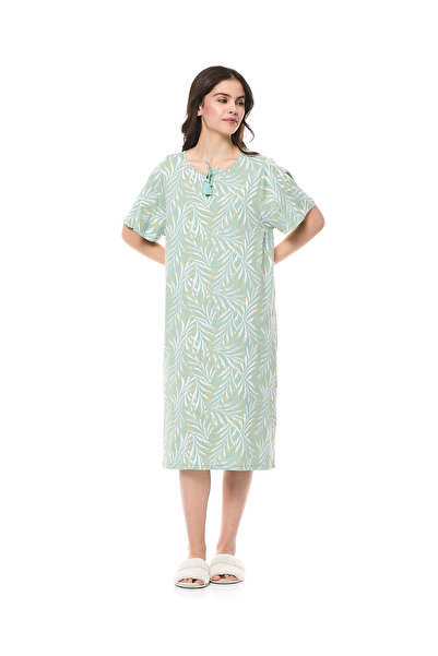 R&B Printed Nightdress with Tie-Neck and Short Sleeves
