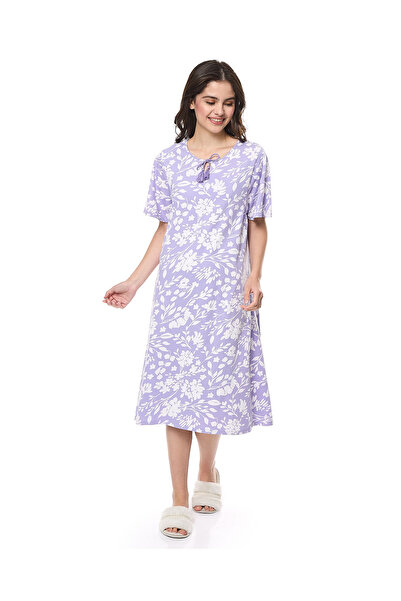 R&B Floral Print Nightdress with Tie-Neck and Short Sleeves