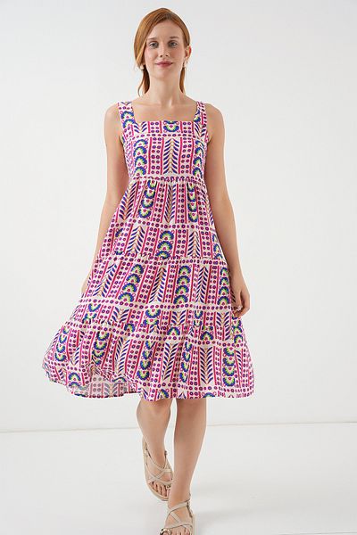 Bigdart Women's Patterned Strap Midi Dress 2577 - Fuchsia